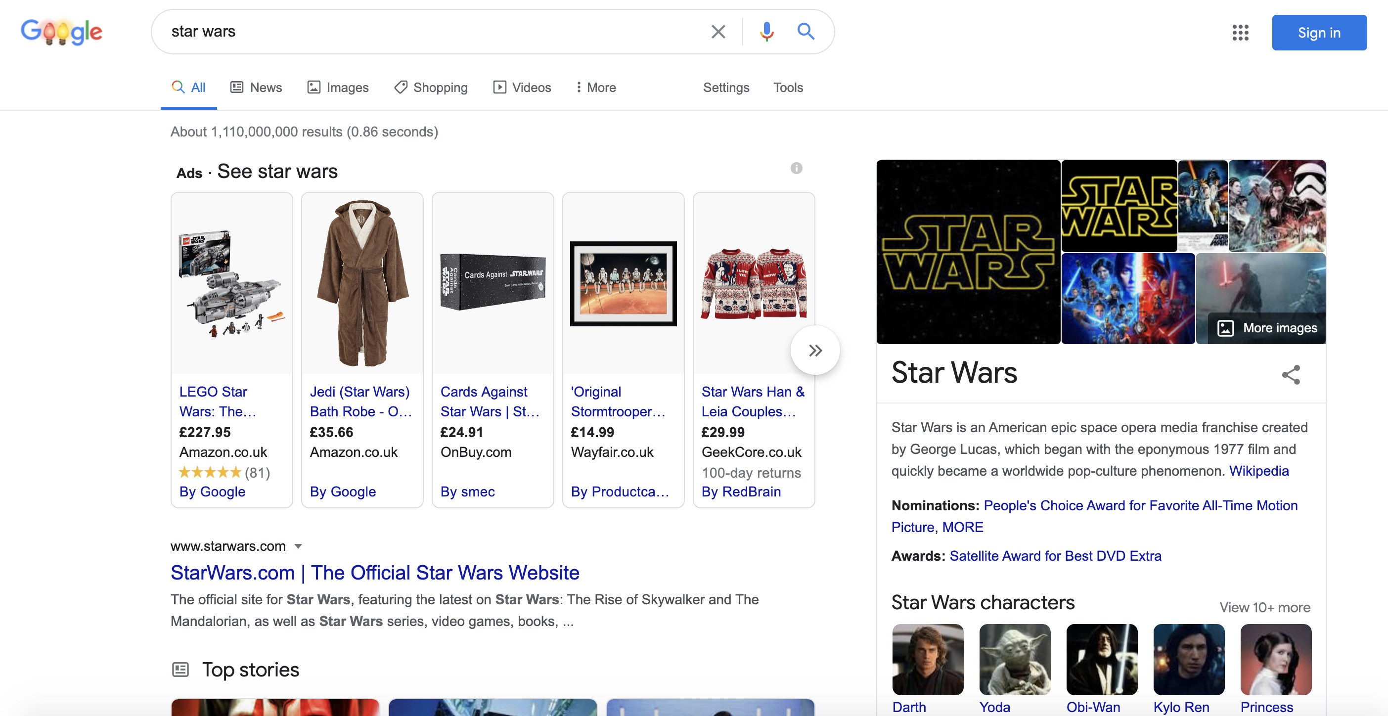 structured data shown in search results