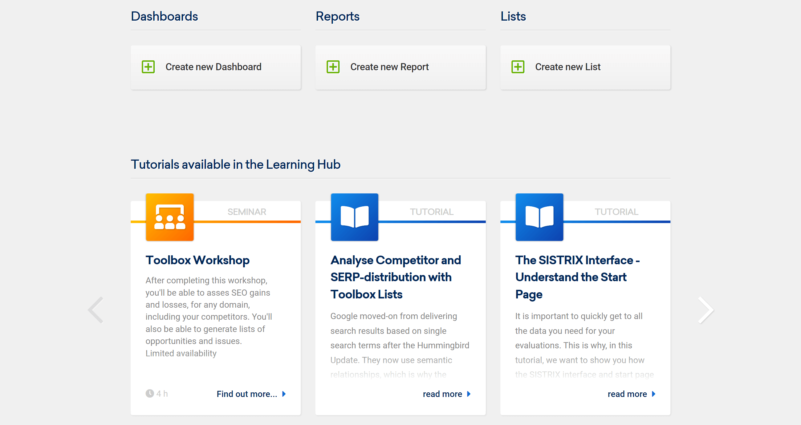 In the lower part of the start page in the SISTRIX Toolbox you can find further elements.