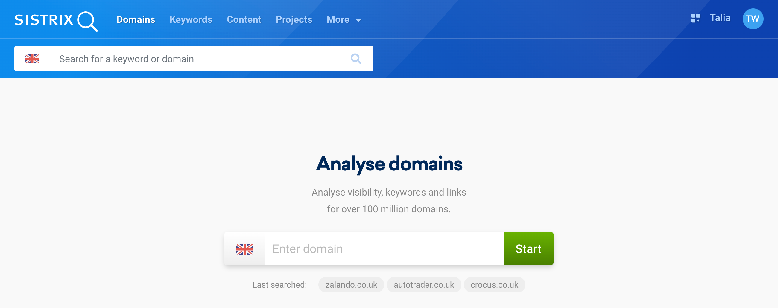 The start page of the menu item Domain in the SISTRIX Toolbox.