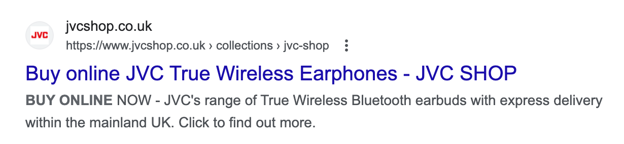 A Google search result for the website jvcshop.co.uk. The search term is "buy headphones cheap online". The meta description was not cut off by Google in this example.