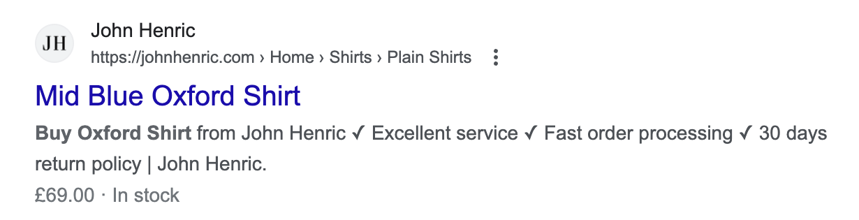 A Google search result for the website johnhenric.com. The search term is "buy oxford shirts online". In this example, the meta description has not been cut off by Google and contains a Unicode symbol (tick).