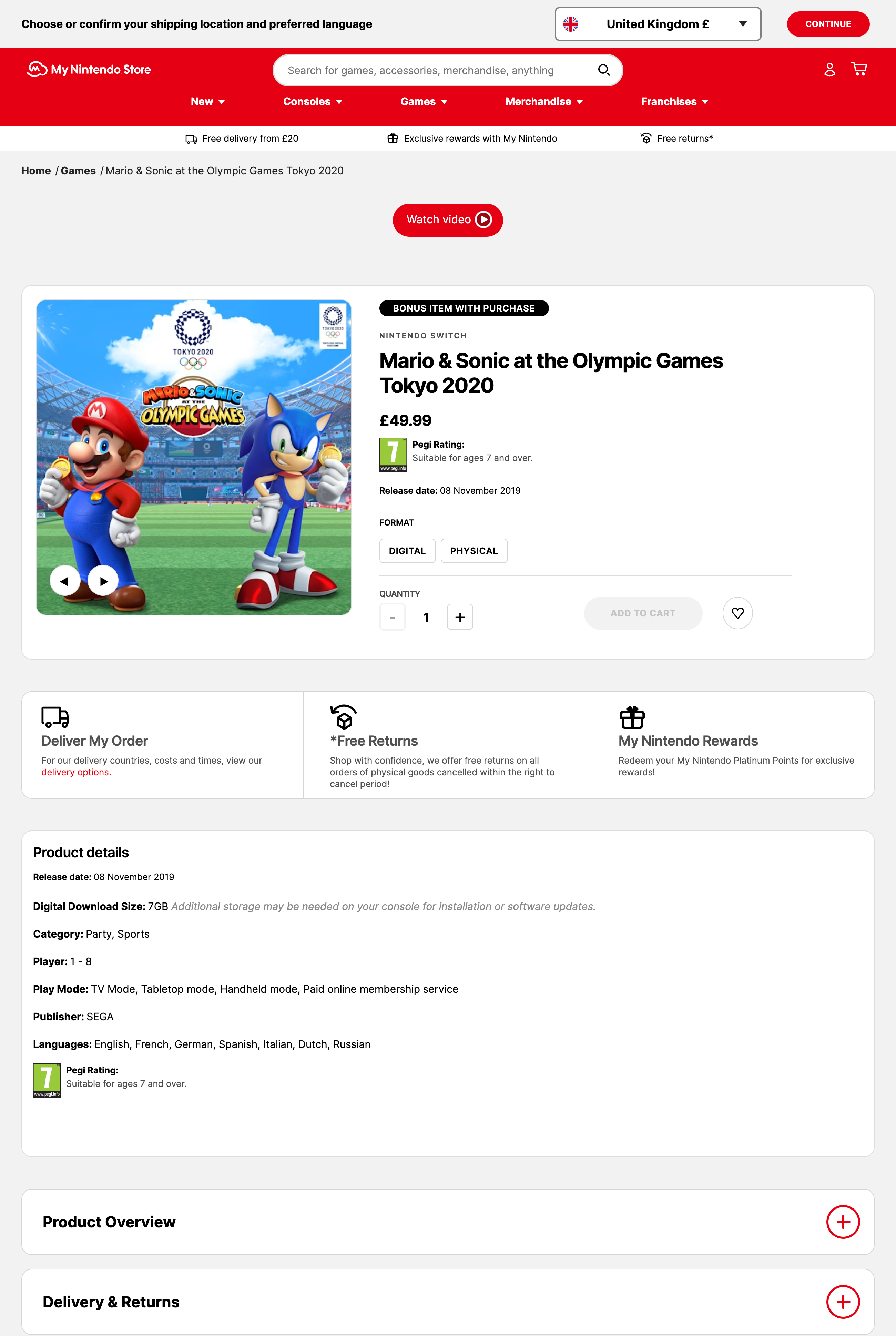 Transactional page of "Mario & Sonic at the Olympic Games Tokyo 2020" on store.nintendo.co.uk/en.