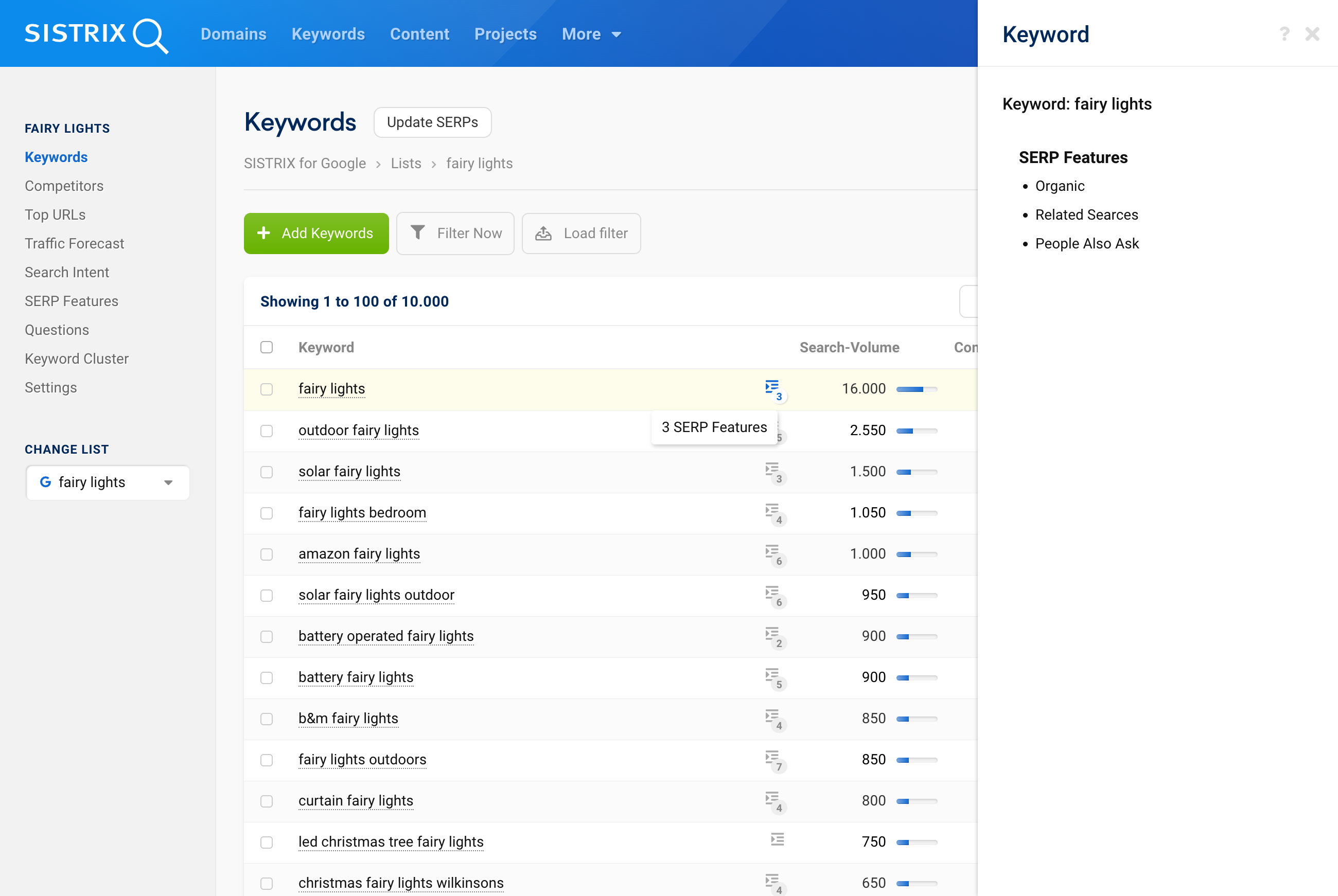 Different SERP features found for the keyword "fairy lights".