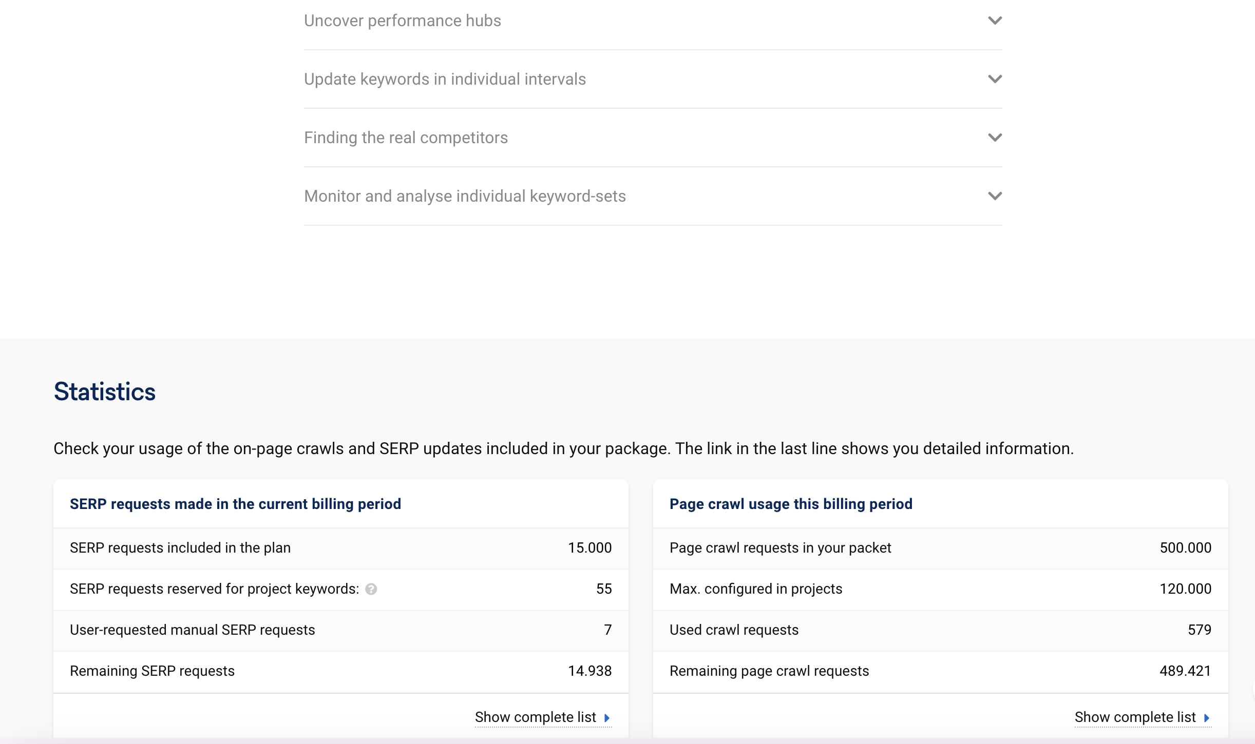 Showcasing of the bottom of the Onpage-Projects page with the "Statistics" overview.