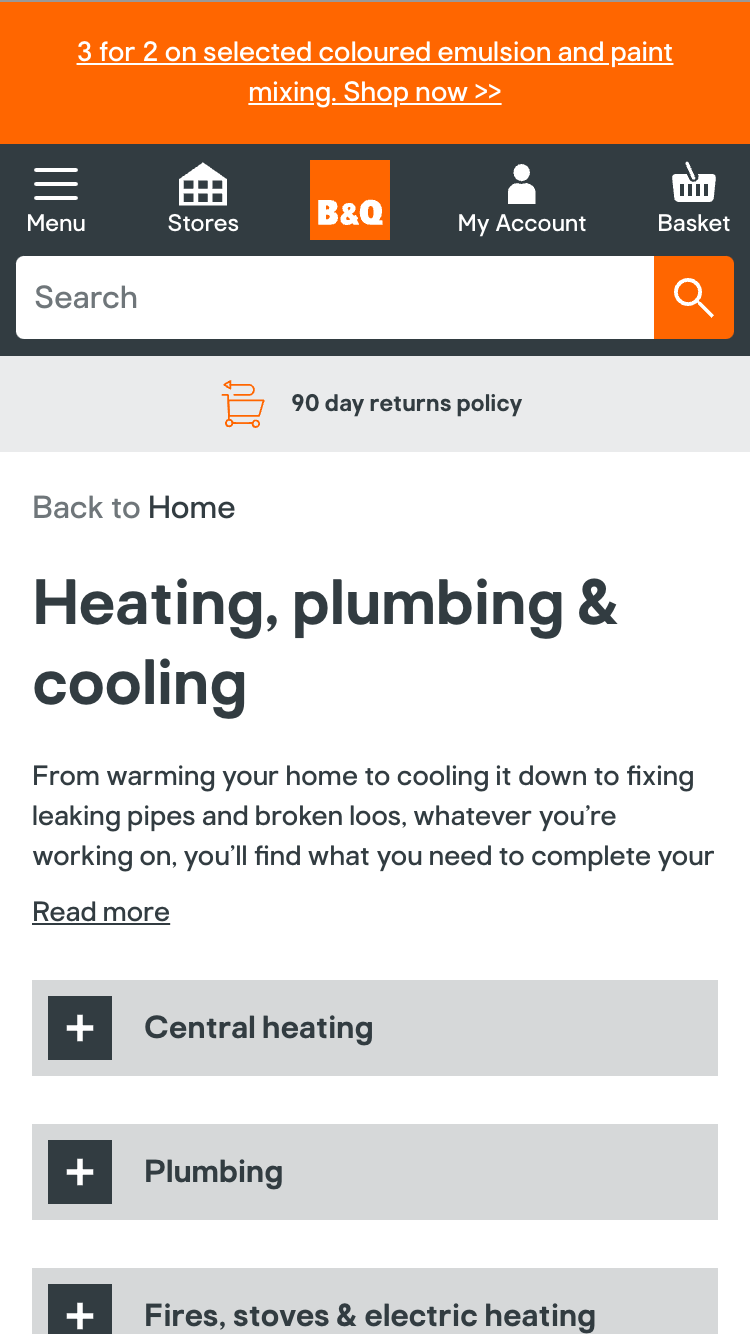 Image showing B&Q's "Heating, plumbing & cooling" section.