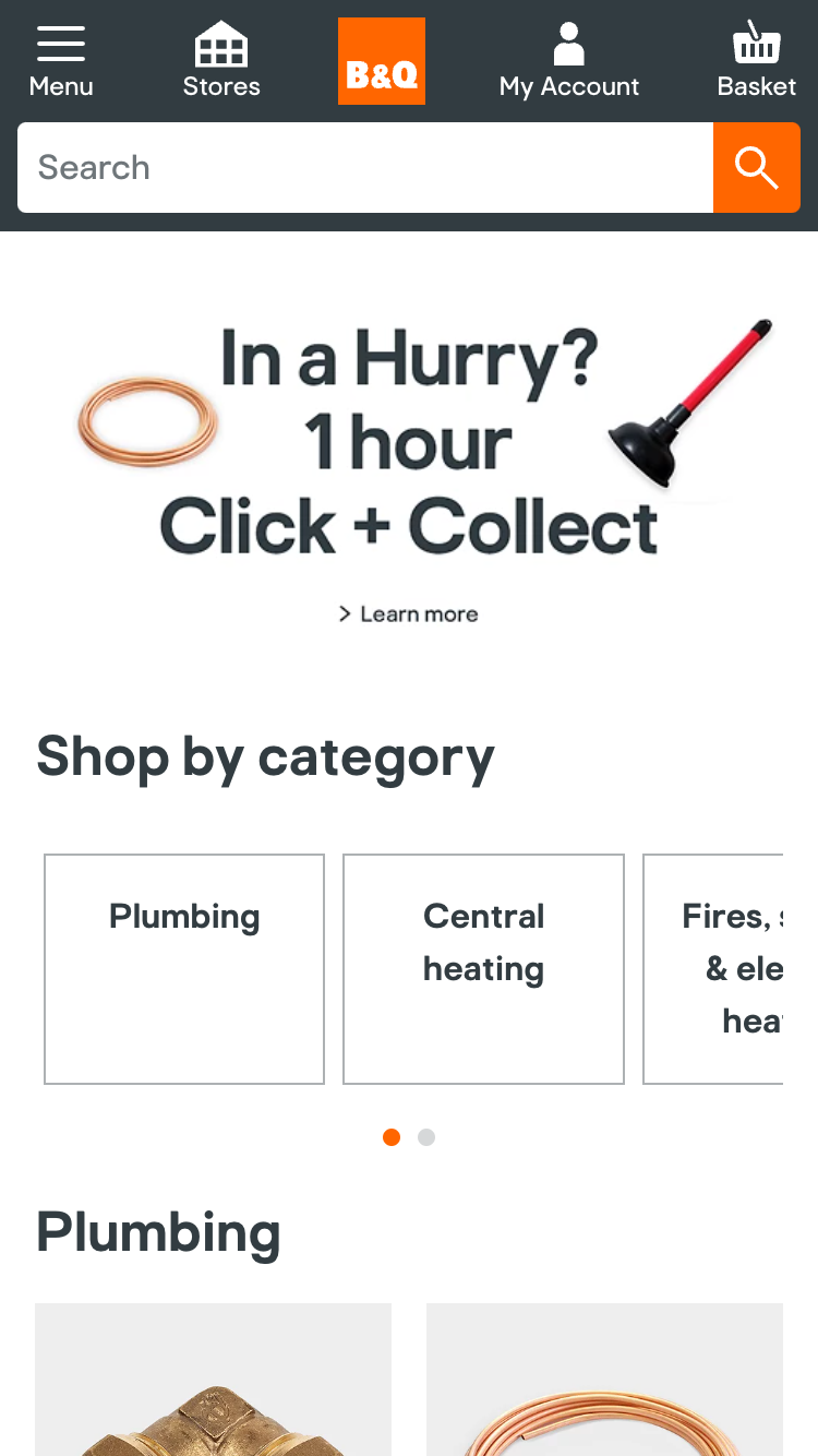 Image showing B&Q's "Heating, plumbing & cooling" section.