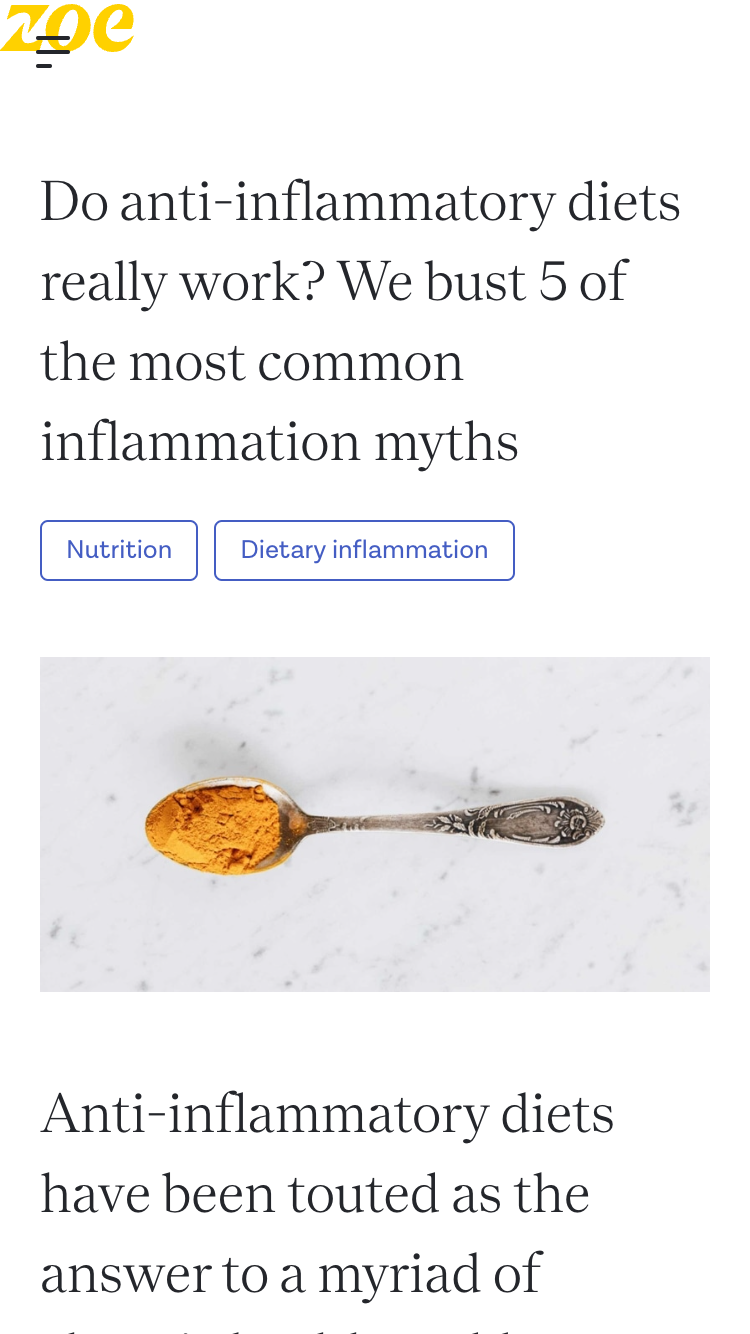 Image showing zoe.com article "Do anti-inflammatory diets really work? We bust 5 of the most common inflammation myths".