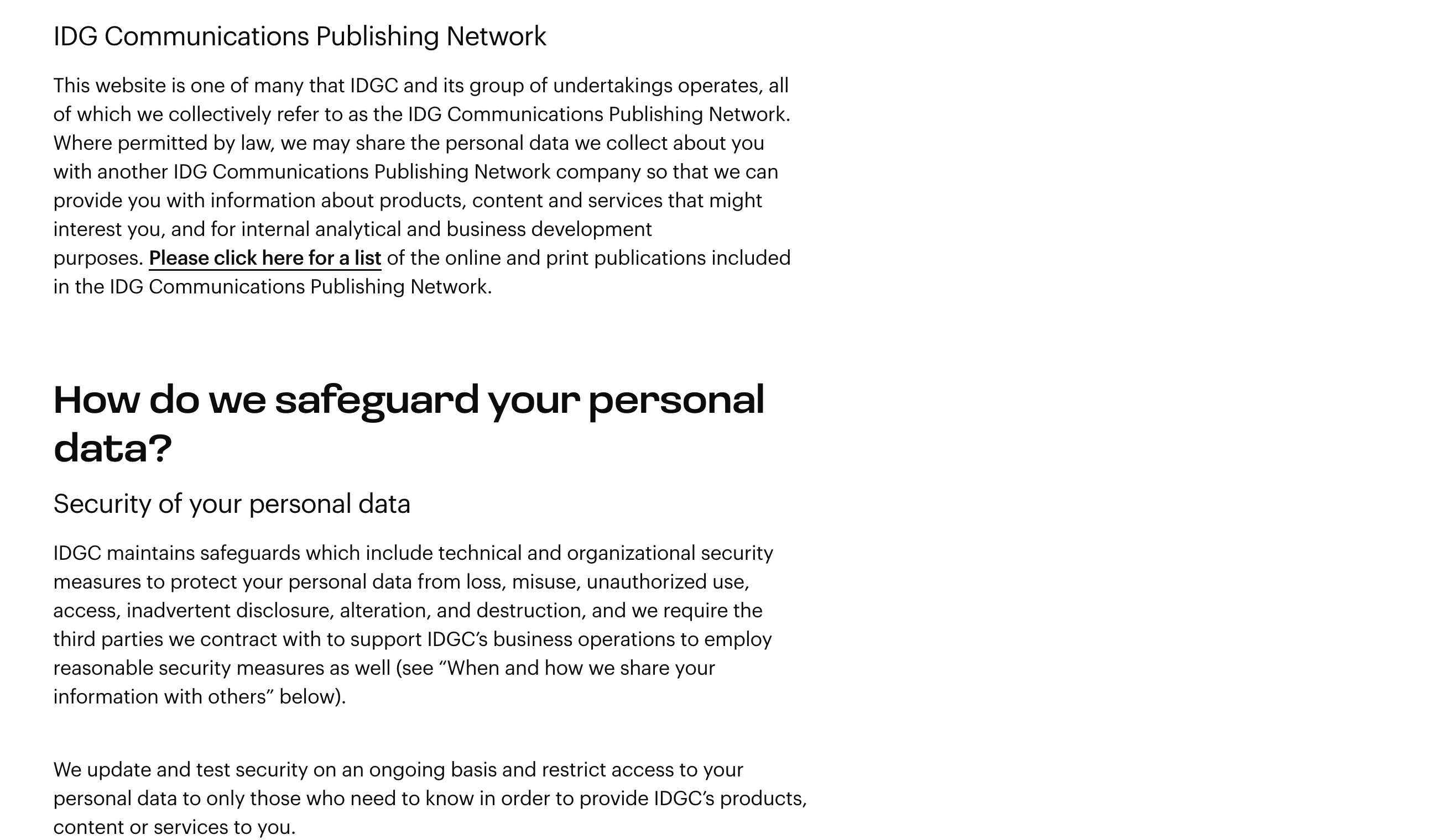 Screenshot showing the website "https://www.computerworld.com/privacy-policy/", more specifically Computerworld's "IDG Communications Publishing Network".