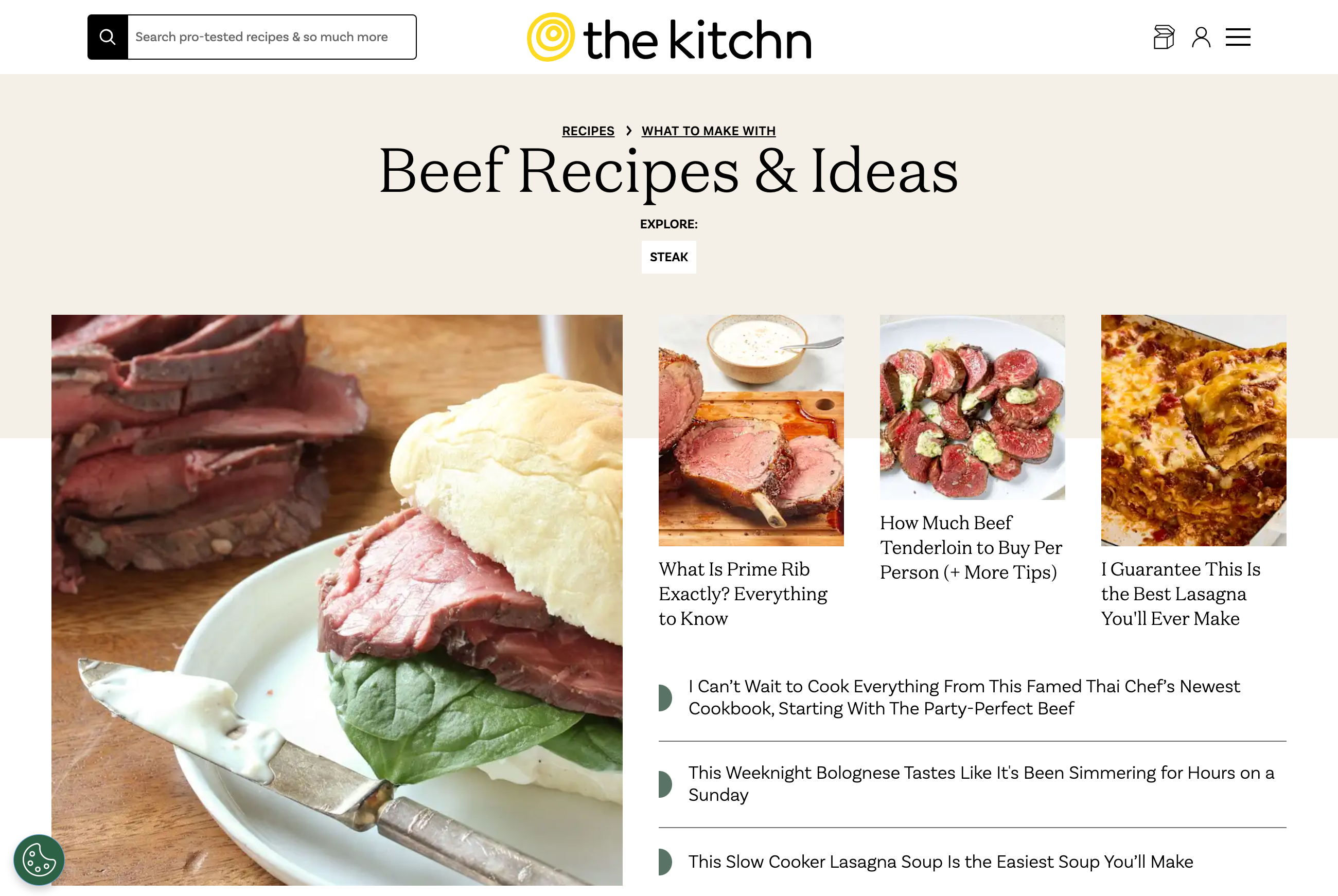 Screenshot of the landing page for recipes & ideas for beef.