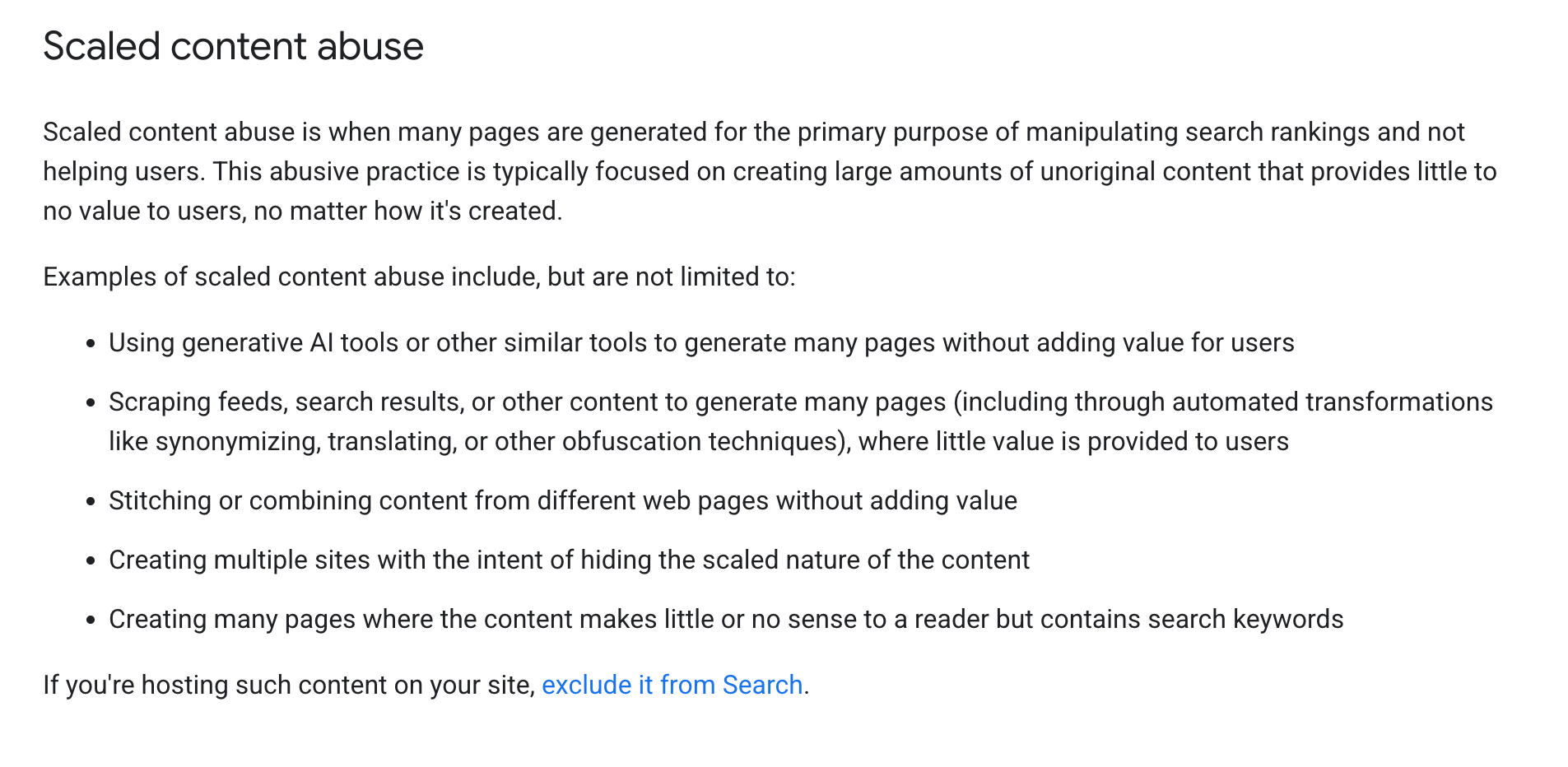 Image showing Googles definition of "Scaled content abuse".