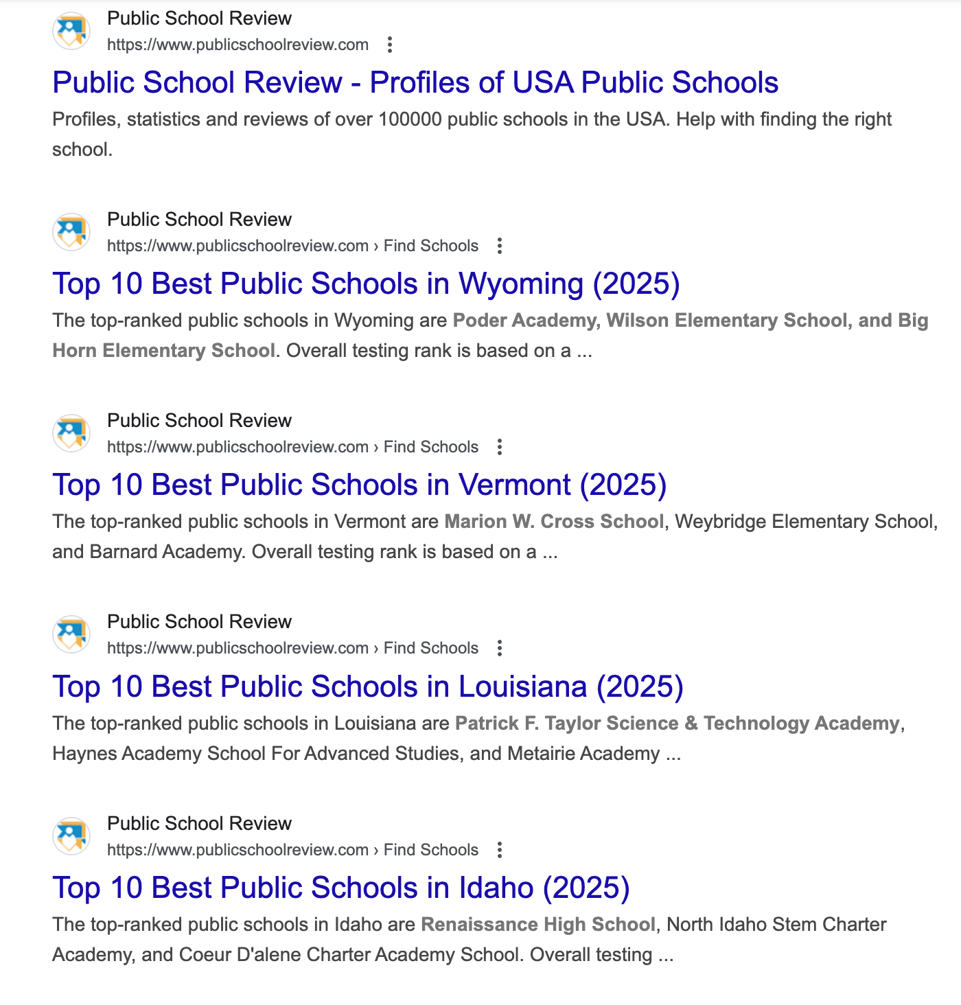 Image showing Google results for "site:publicschoolreview.com".